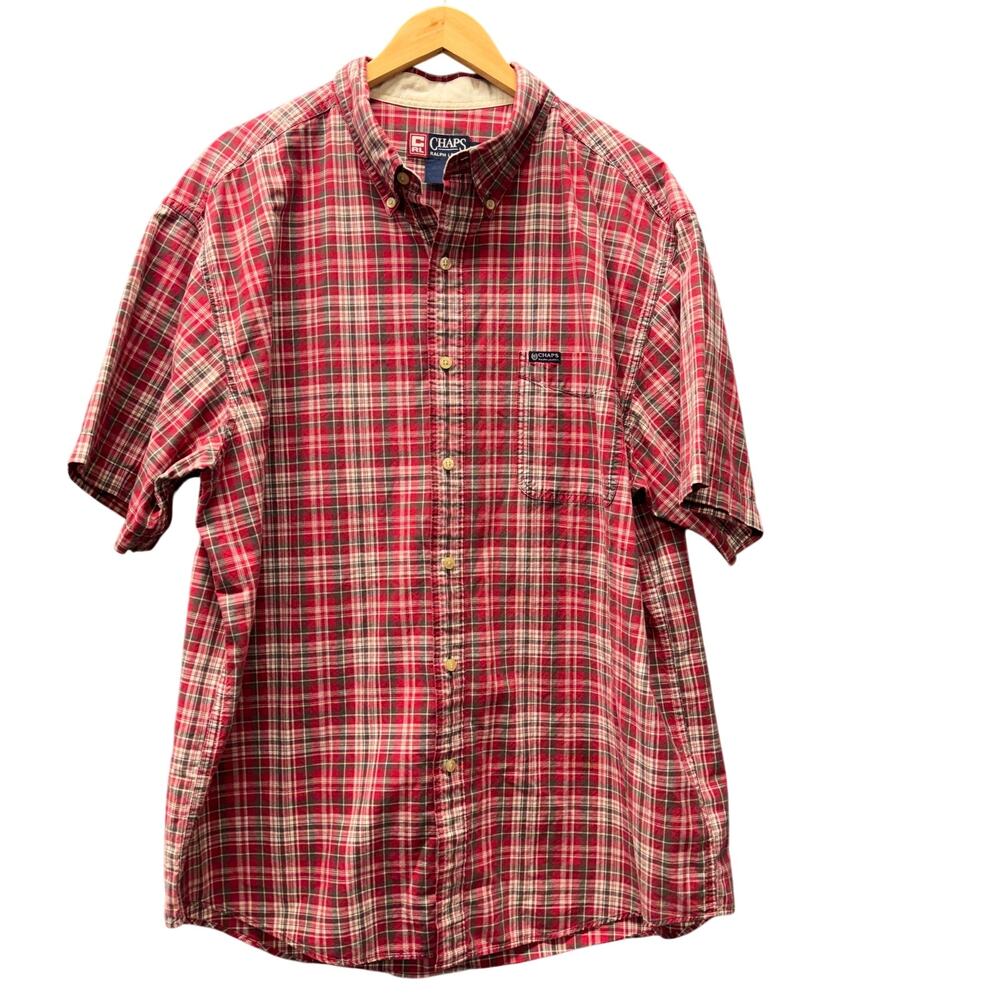 Chaps Ralph Lauren Button‎ Down Shirt Red Plaid Mens XXL 2XL Cotton Vintage